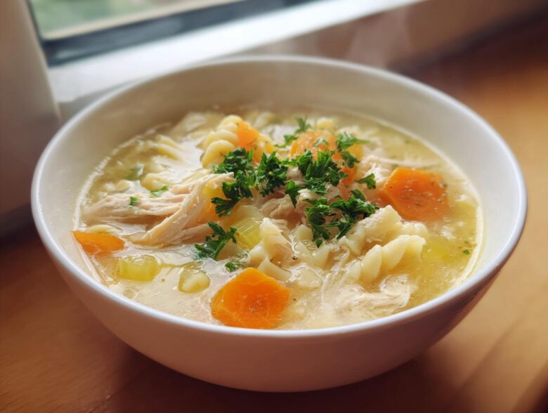 A close-up of a white bowl filled with hot penicillin soup, featuring shredded chicken, pasta noodles, carrots, and fresh parsley.