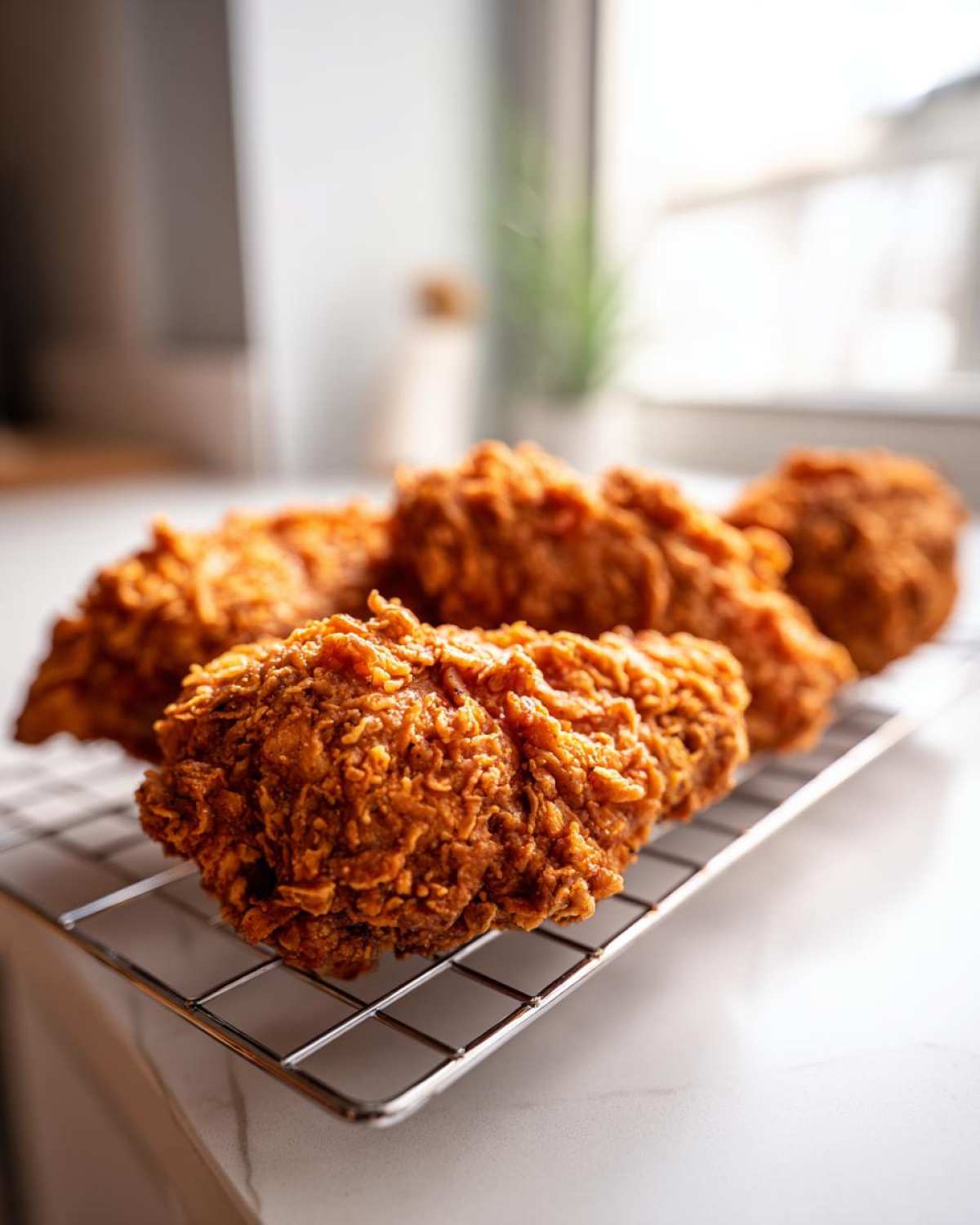 Close-up of several pieces of perfectly crispy fried chicken resting on a metal cooling rack.