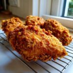Close-up of four pieces of golden brown, crispy fried chicken resting on a metal cooling rack.