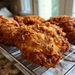 Close-up of several pieces of golden brown, crispy fried chicken resting on a wire cooling rack.