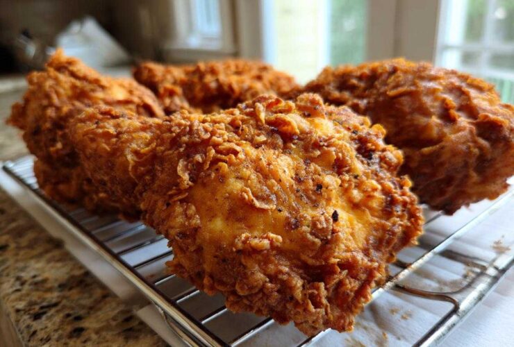 Close-up of several pieces of golden brown, crispy fried chicken resting on a wire cooling rack.