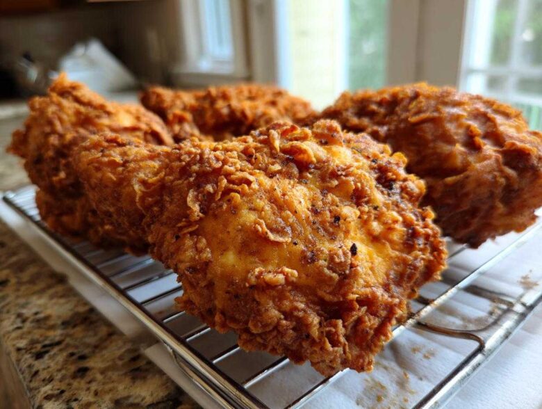 Close-up of several pieces of golden brown, crispy fried chicken resting on a wire cooling rack.