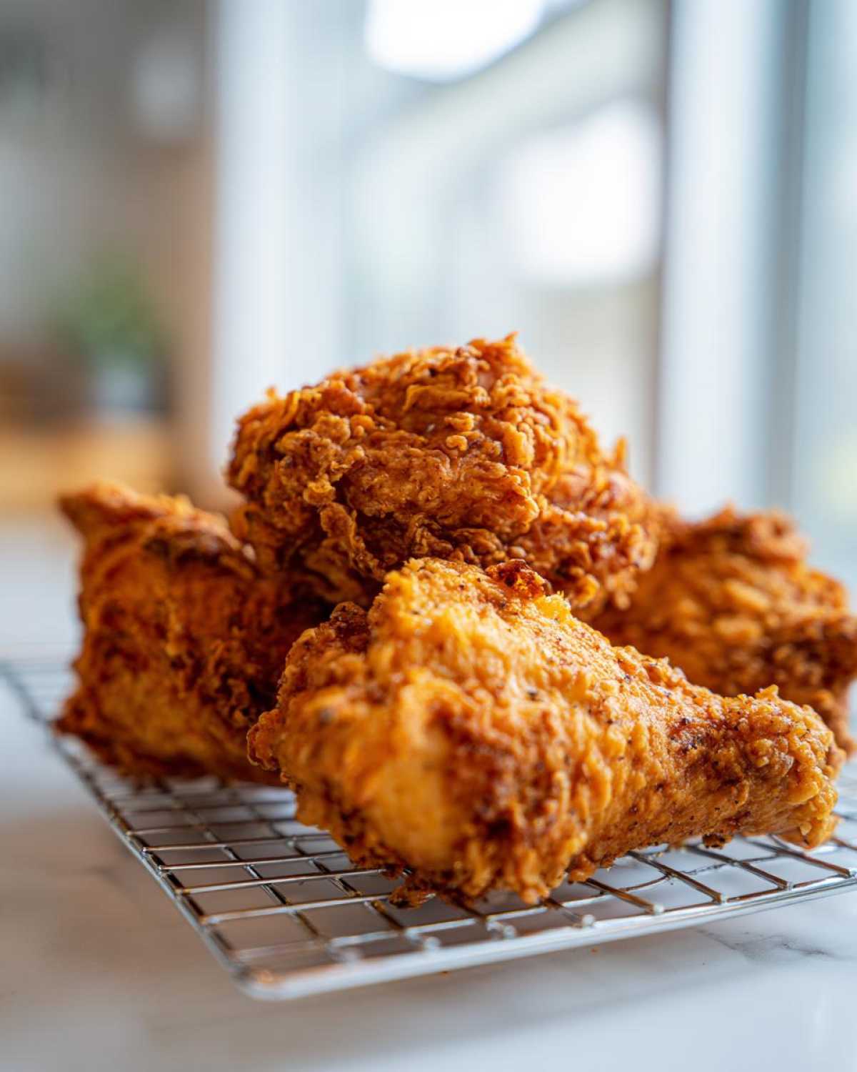 Close-up of several pieces of golden brown, crispy fried chicken resting on a wire cooling rack.