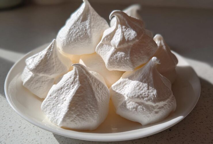 A pile of crisp, white meringue cookies with sharp peaks displayed on a small white plate.
