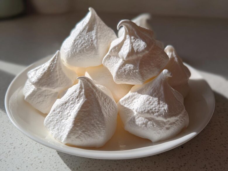 A pile of crisp, white meringue cookies with sharp peaks displayed on a small white plate.