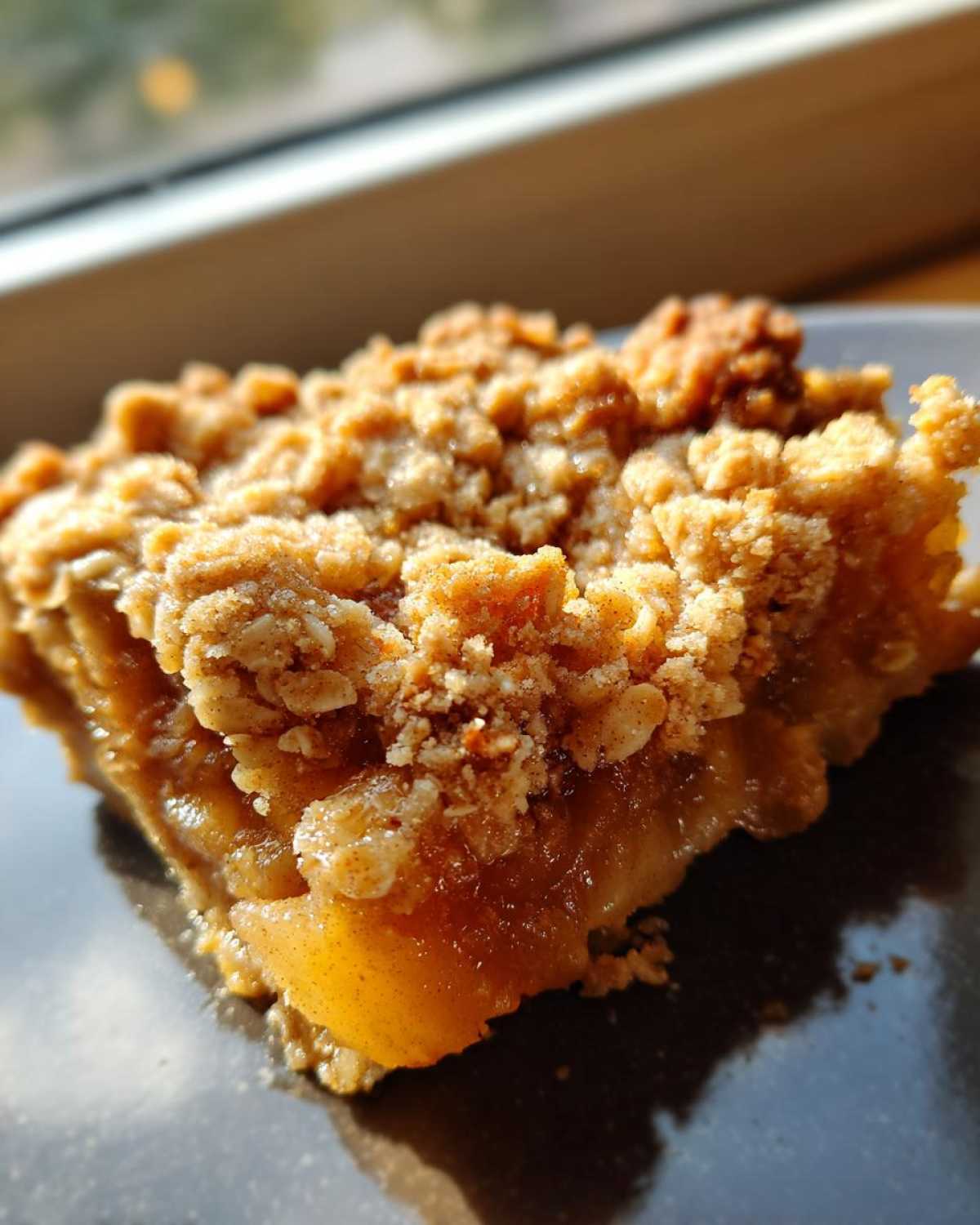 Close-up of a golden slice of pear crisp showing the caramelized fruit filling and crunchy oat topping.