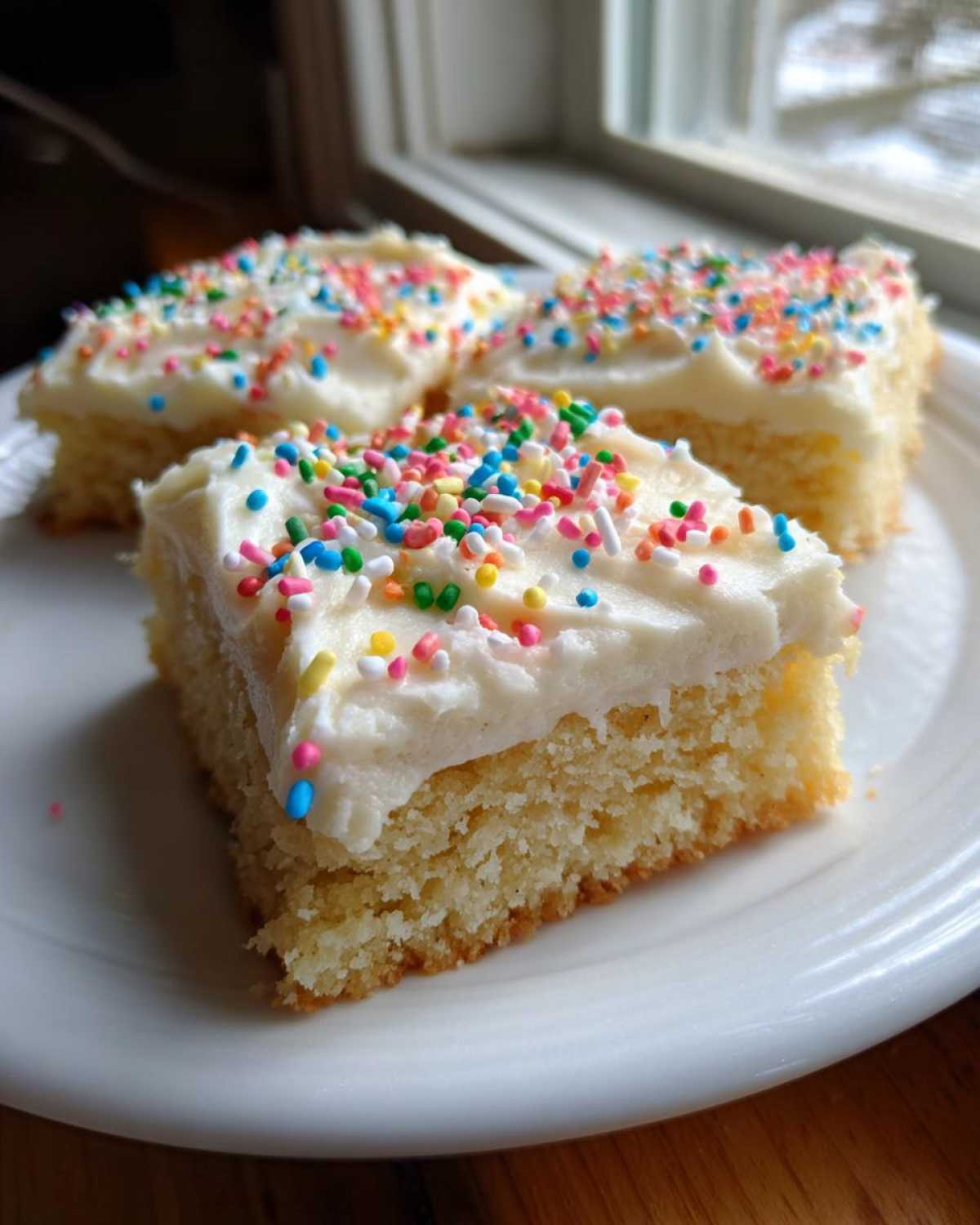 Three square slices of thick sugar cookie bars topped with white frosting and colorful sprinkles on a white plate.