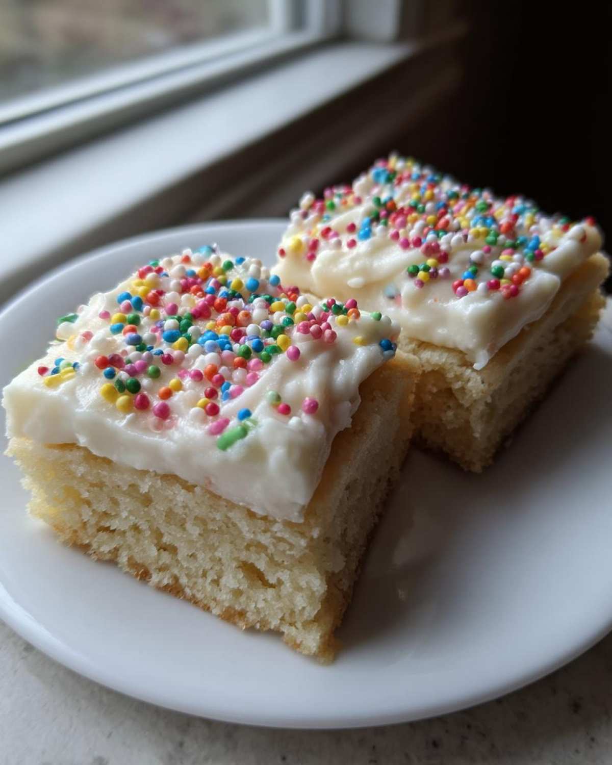 Two square slices of soft, thick sugar cookie bars topped with white frosting and colorful rainbow sprinkles.