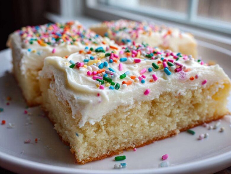 Close-up of thick, moist sugar cookie bars topped with white frosting and colorful sprinkles.