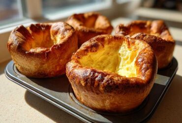 Four golden brown, perfectly risen yorkshire pudding puffs sitting in a muffin tin near a window.