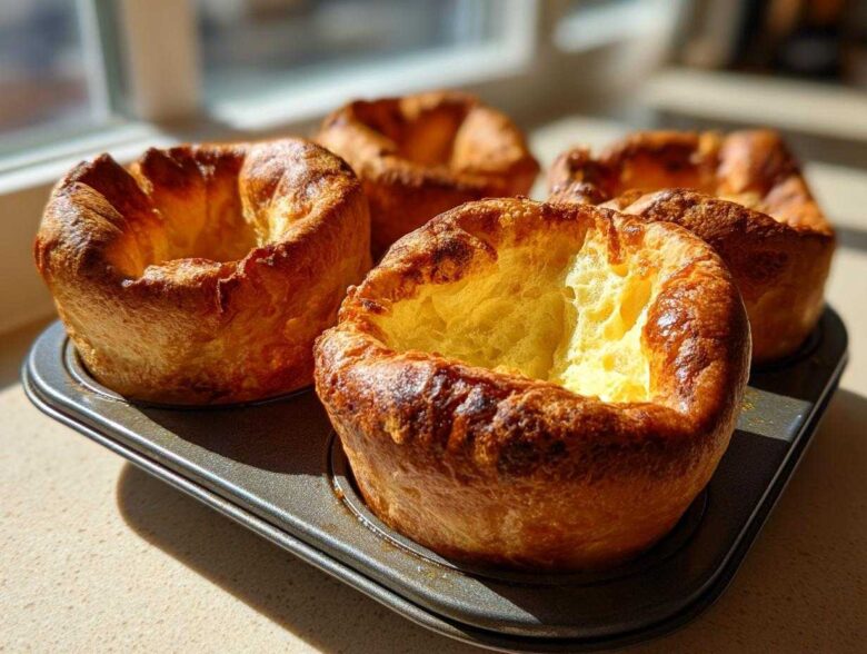 Four golden brown, perfectly risen yorkshire pudding puffs sitting in a muffin tin near a window.