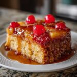 A moist slice of pineapple upside down cake topped with caramelized pineapple and bright red maraschino cherries.