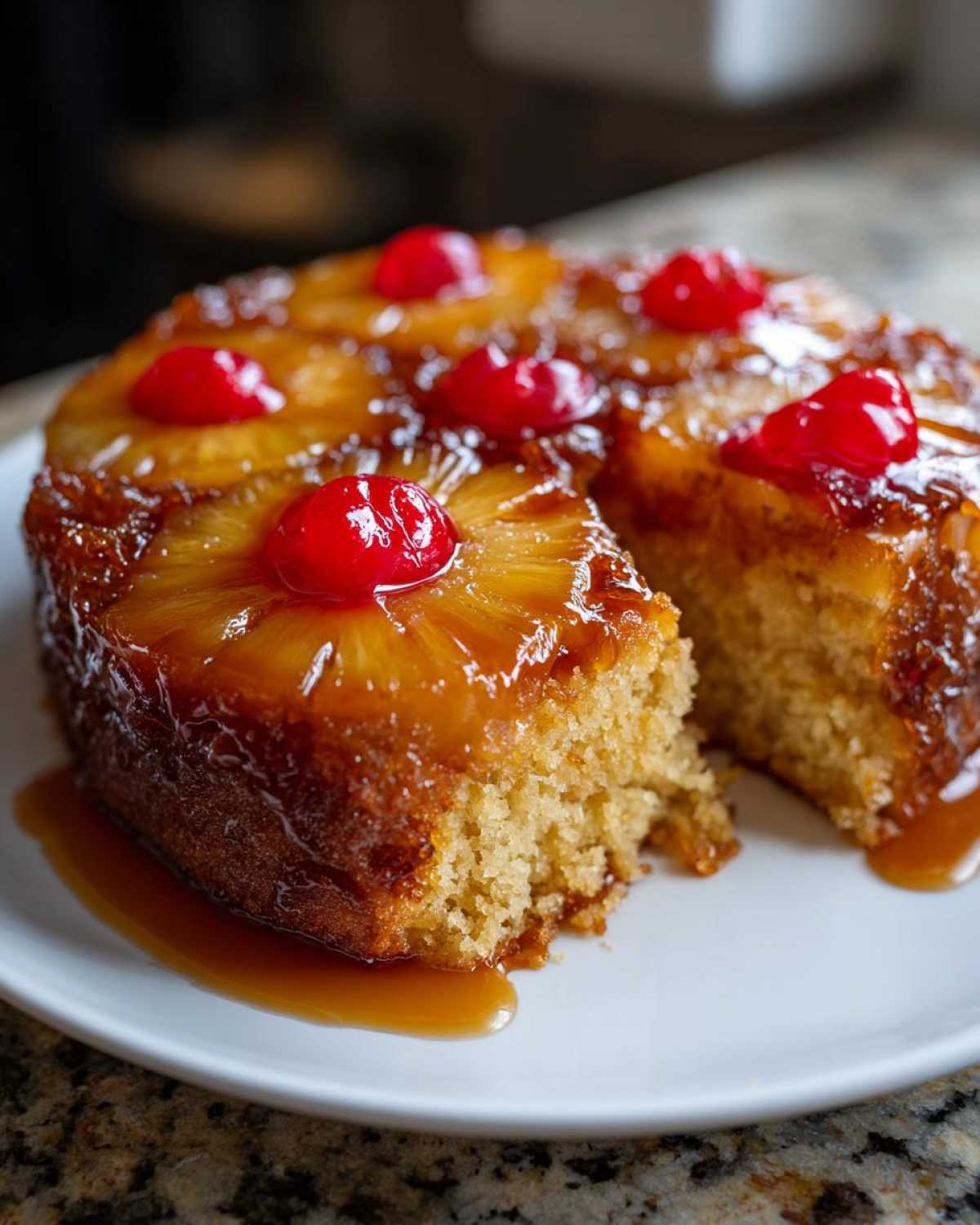A close-up of a slice cut from a pineapple upside down cake, showing the caramelized topping and moist crumb.