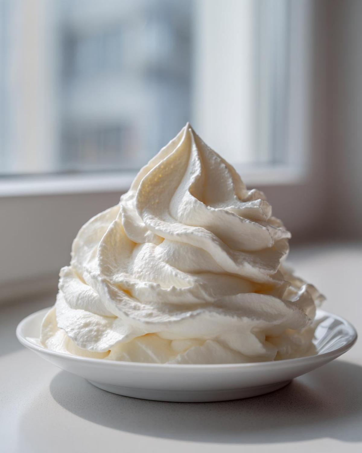 A tall swirl of fluffy white cream cheese frosting piped onto a small white saucer, set against a bright window background.