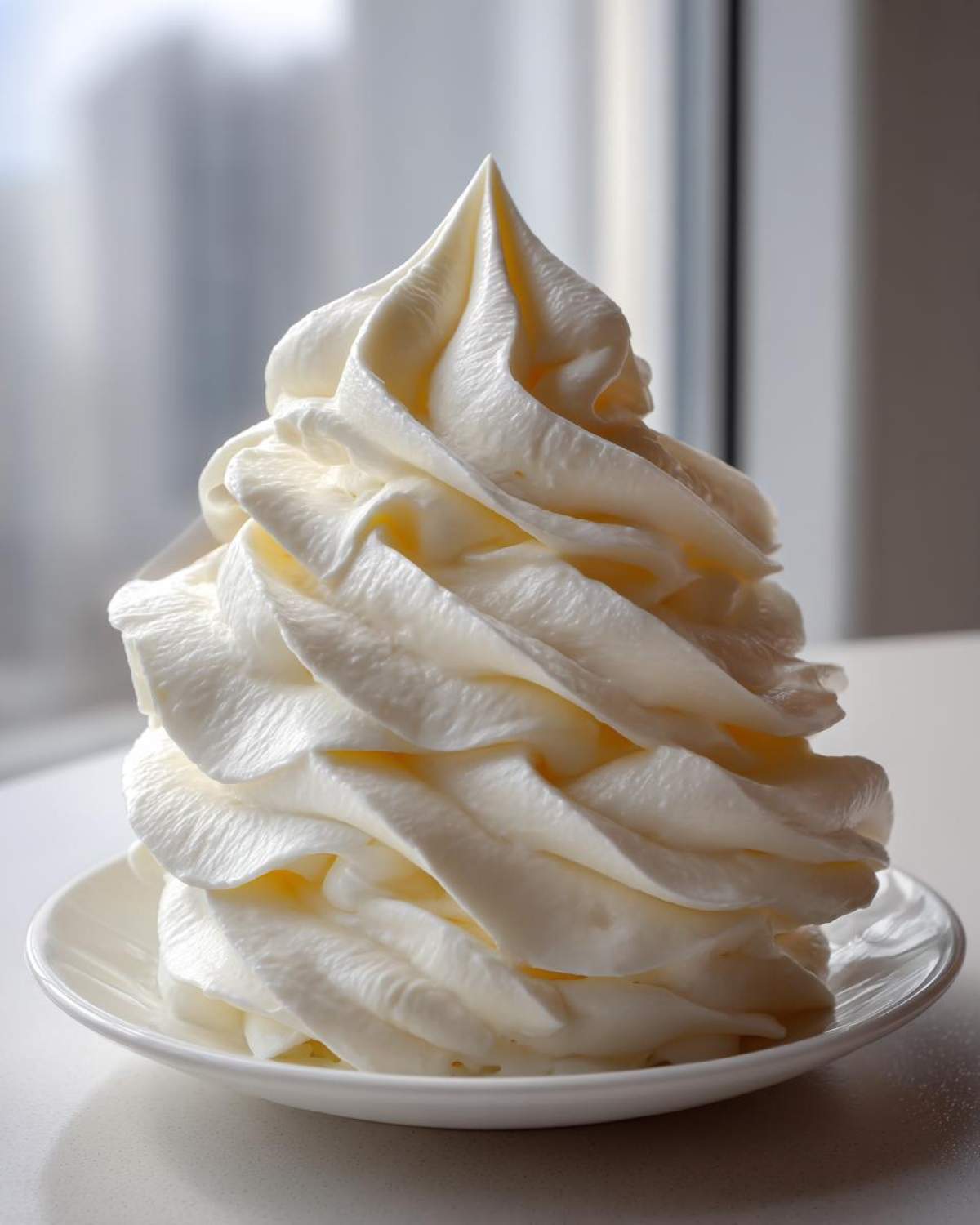A tall, perfectly piped swirl of fluffy, white cream cheese frosting sitting on a small white saucer.