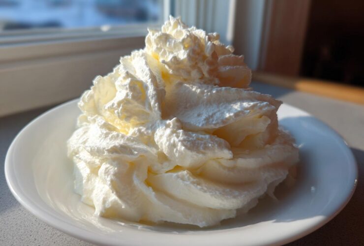 A large swirl of bright white, fluffy cream cheese frosting piped high in a small white bowl.