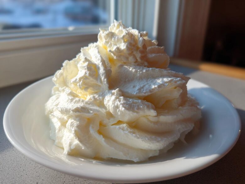 A large swirl of bright white, fluffy cream cheese frosting piped high in a small white bowl.