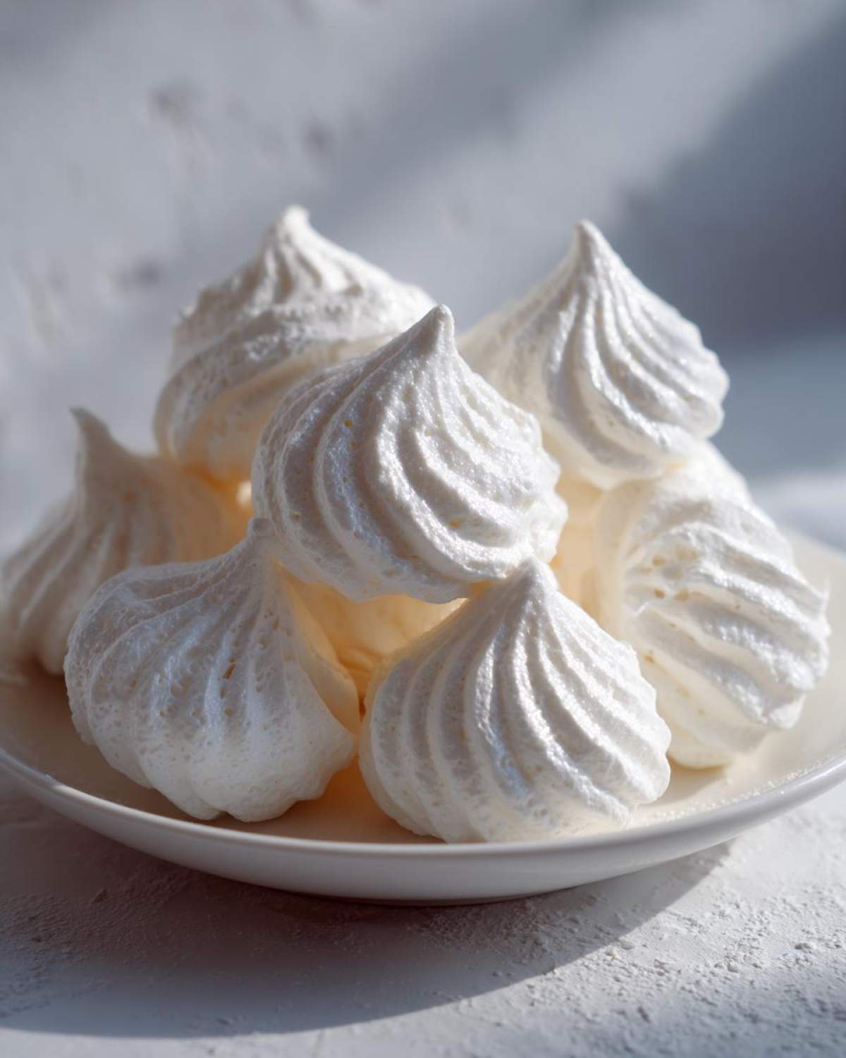 A close-up stack of freshly baked, white, piped meringue cookies resting on a small white plate.