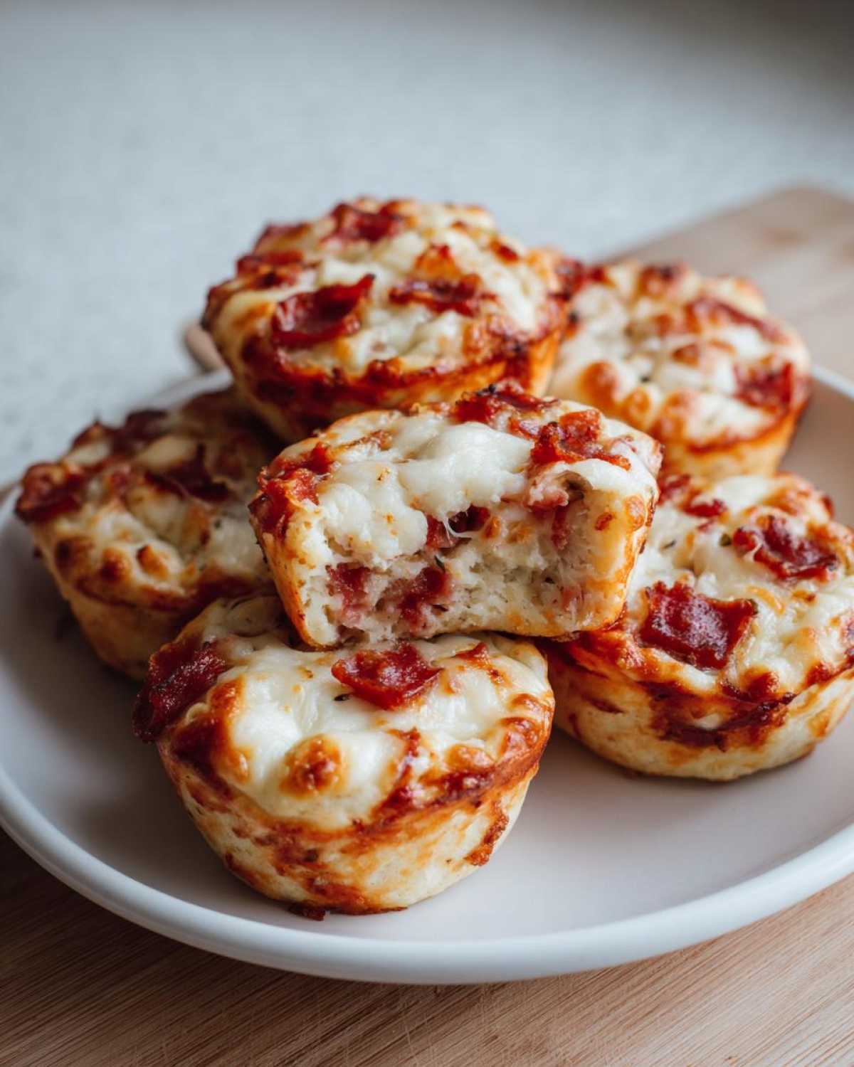 A stack of five golden-brown pizza muffins topped with melted cheese and pepperoni pieces; one is broken open showing the soft interior.