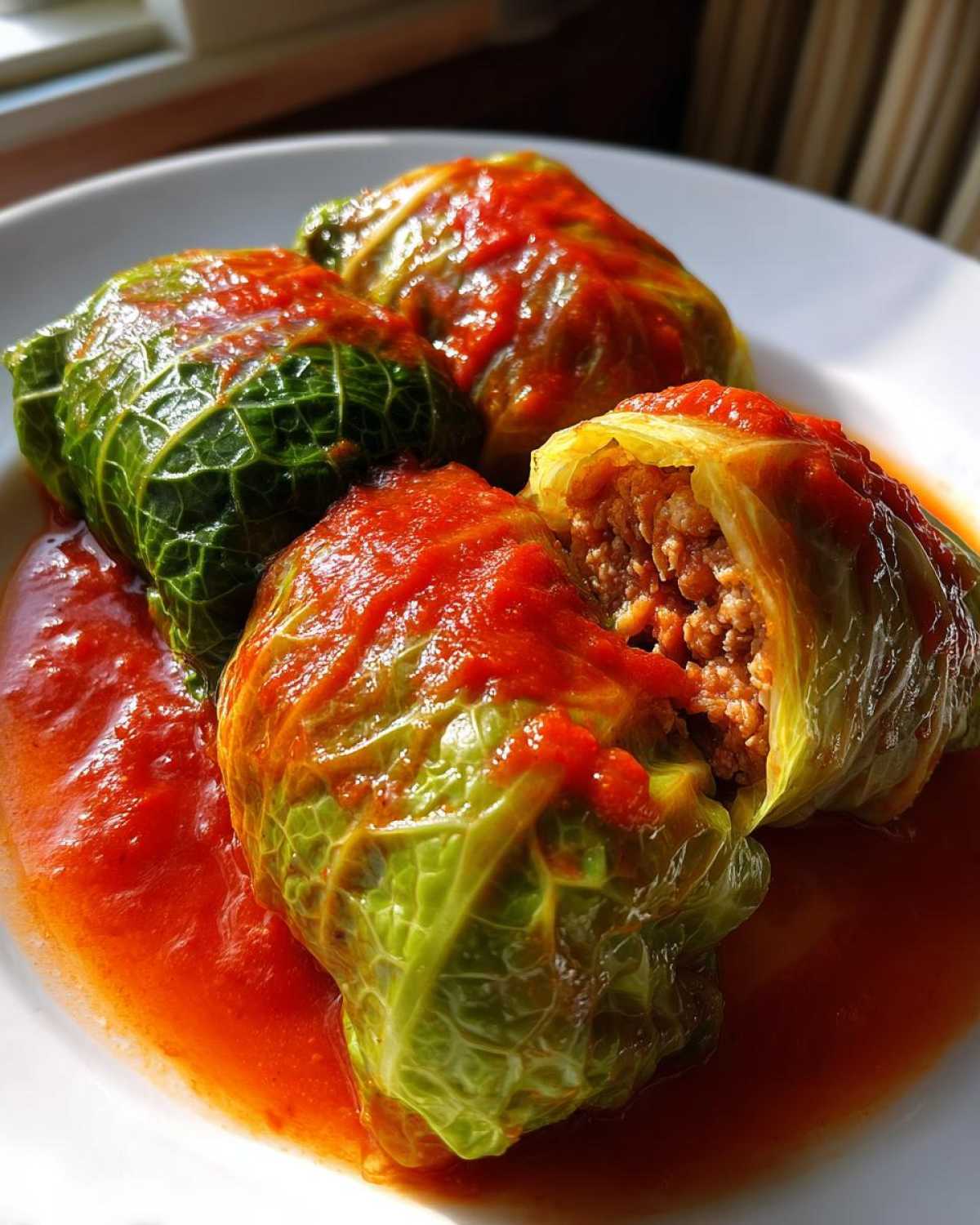 Three cabbage rolls covered in bright red tomato sauce, one cut open showing the ground meat filling.