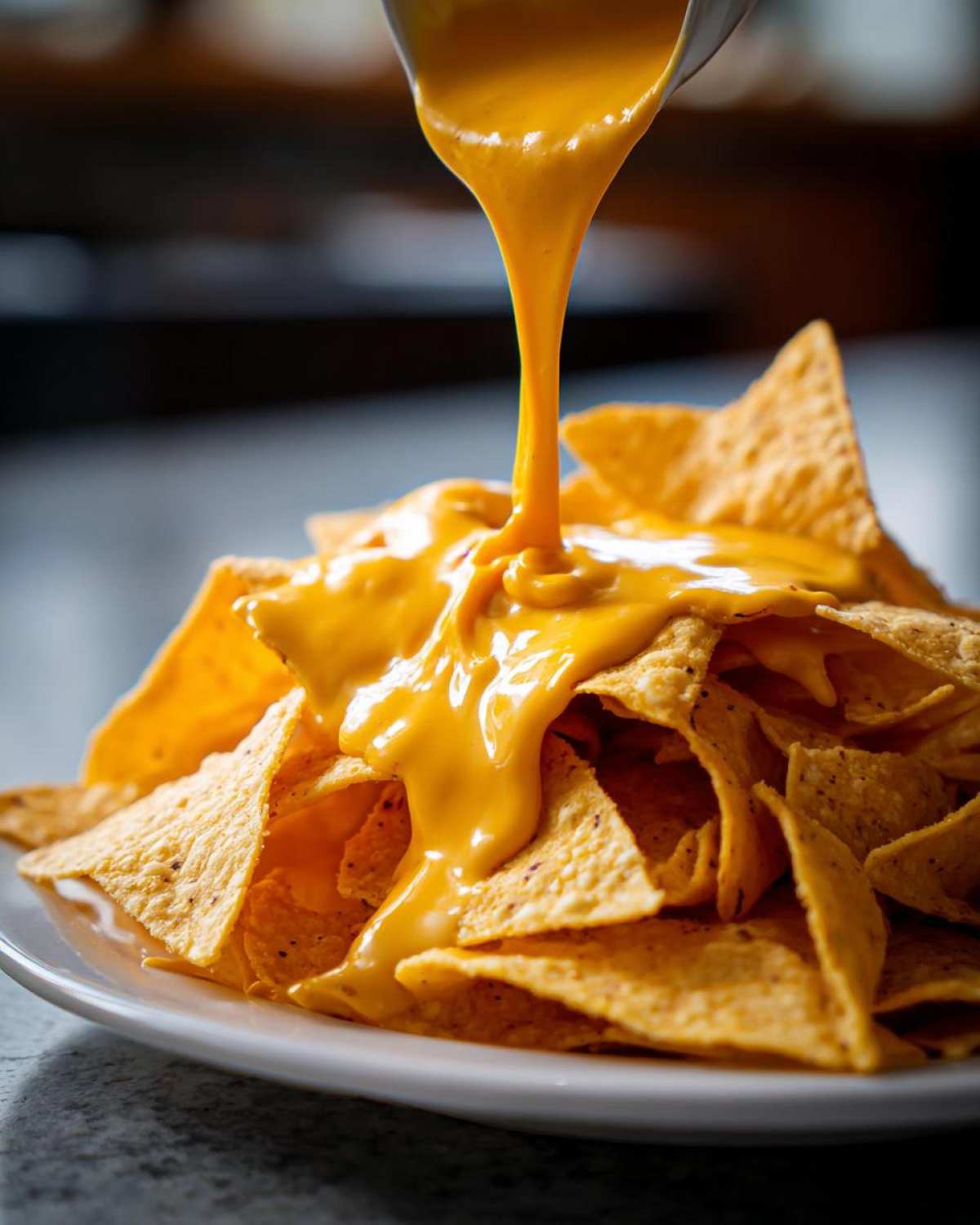 A stream of bright orange nacho cheese being poured from a ladle onto a large pile of tortilla chips.