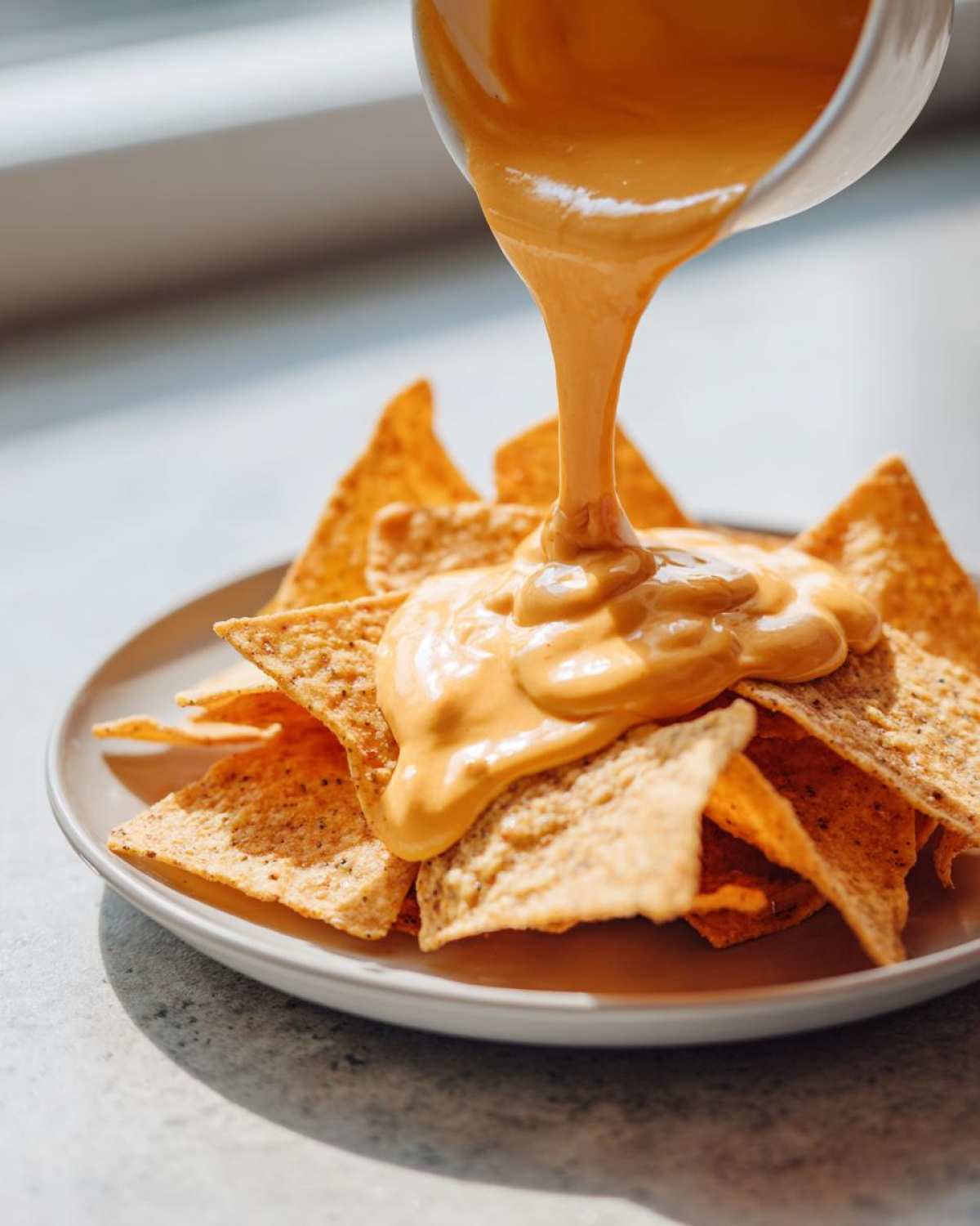 Close-up of thick, creamy nacho cheese sauce being poured from a white bowl onto a pile of tortilla chips on a plate.