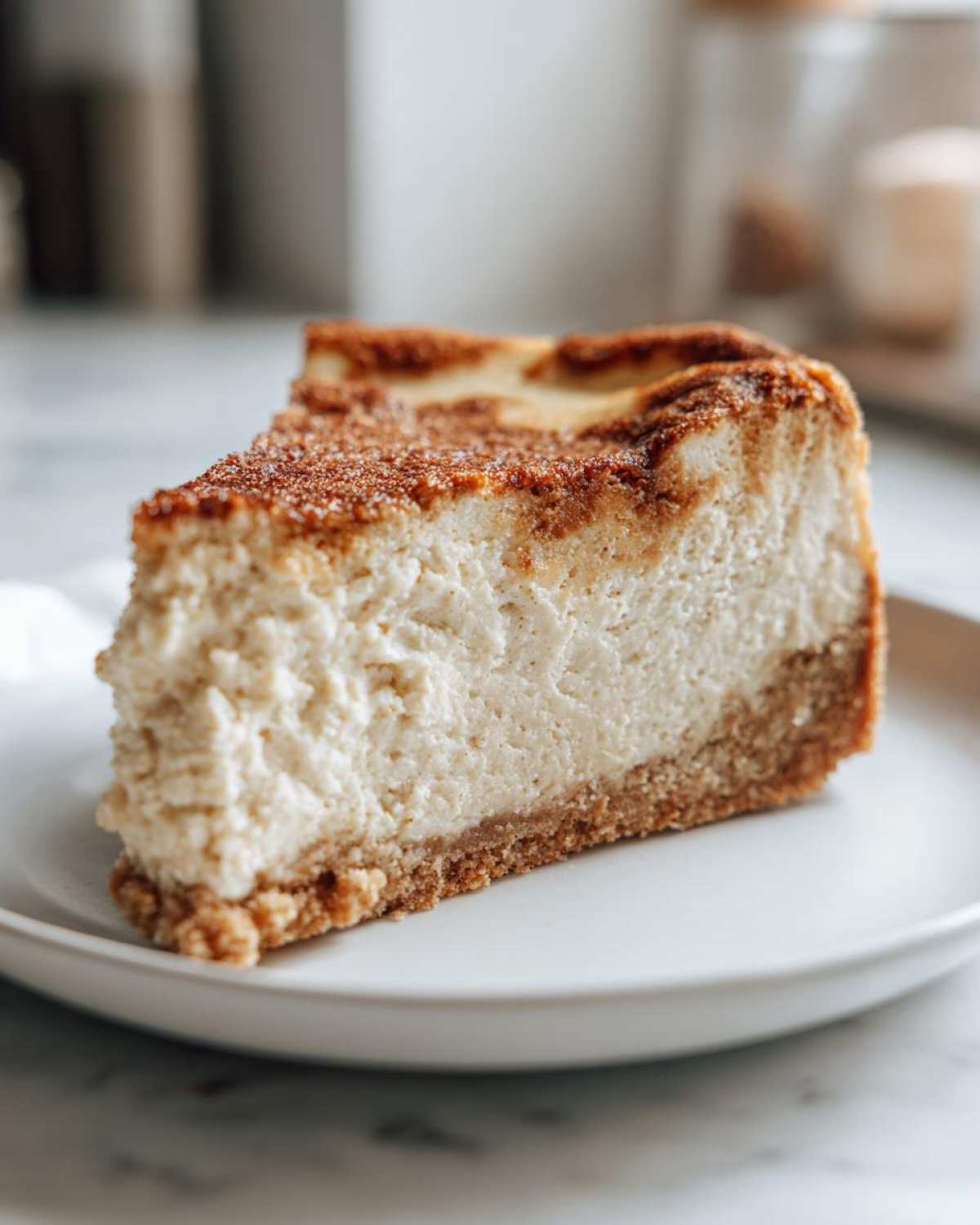 Close-up of a thick slice of creamy Protein Cheesecake with a graham cracker crust and cinnamon sugar top.