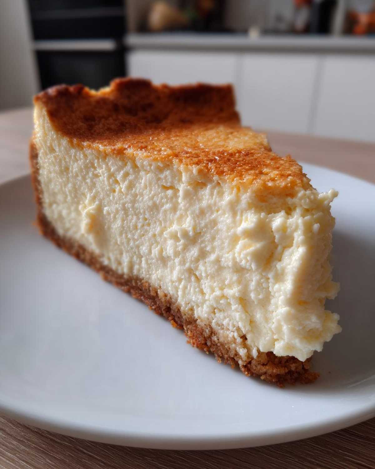 A thick, creamy slice of baked Protein Cheesecake with a golden-brown top and graham cracker crust, served on a white plate.