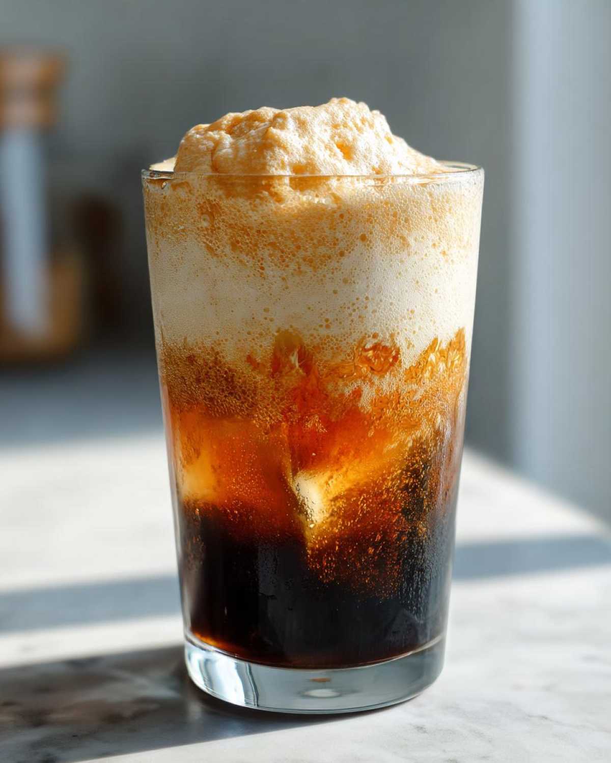 Close-up of a tall glass filled with dark cold brew coffee topped by a thick, frothy layer of pumpkin cream.