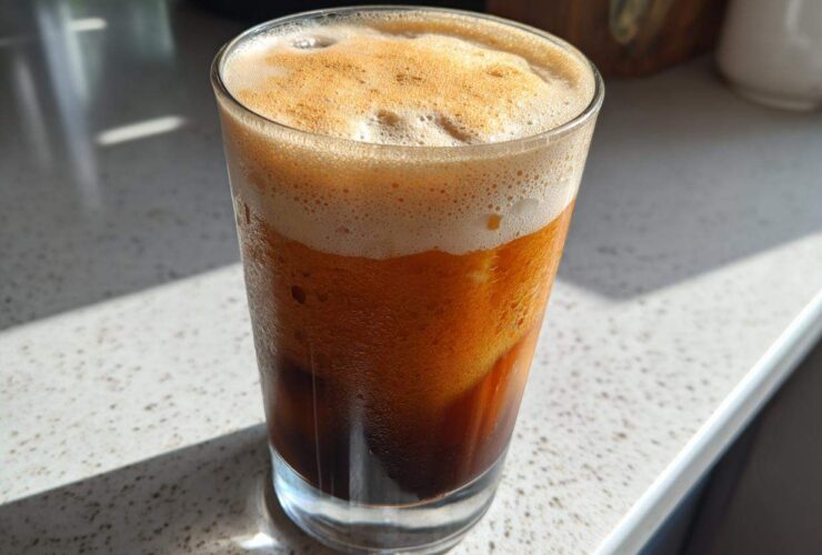 A tall glass filled with rich, dark pumpkin cream cold brew coffee topped with frothy foam.
