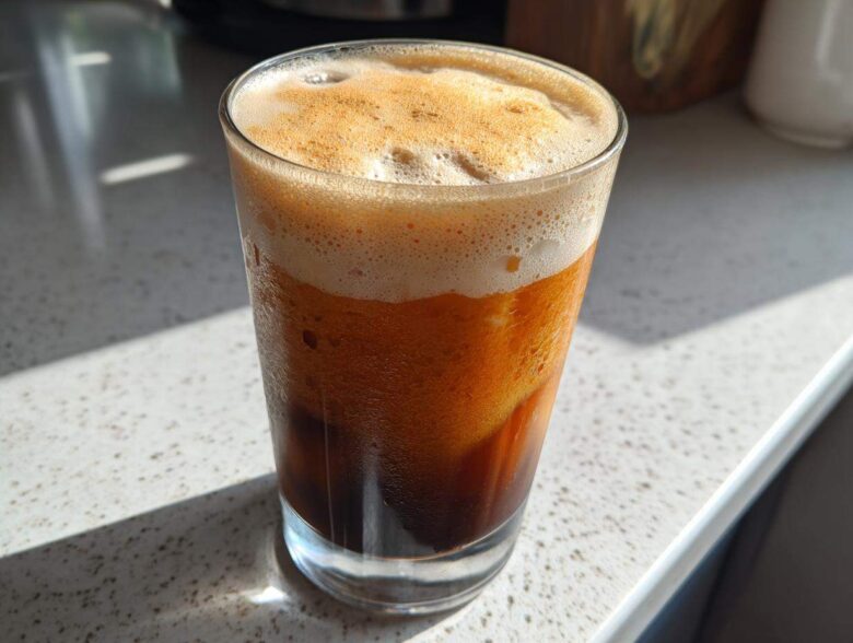 A tall glass filled with rich, dark pumpkin cream cold brew coffee topped with frothy foam.