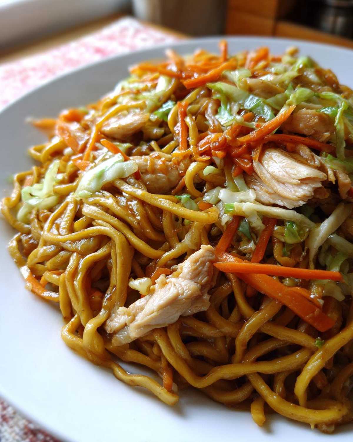 Close-up of a serving of delicious chicken chow mein recipe, featuring noodles, shredded chicken, carrots, and cabbage.