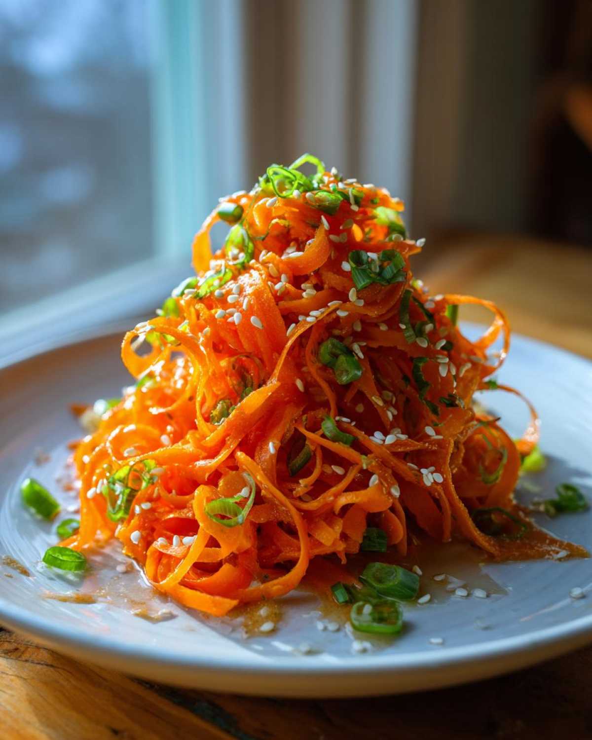 A mound of vibrant, spiralized raw carrot salad topped with sesame seeds and chopped green onions.