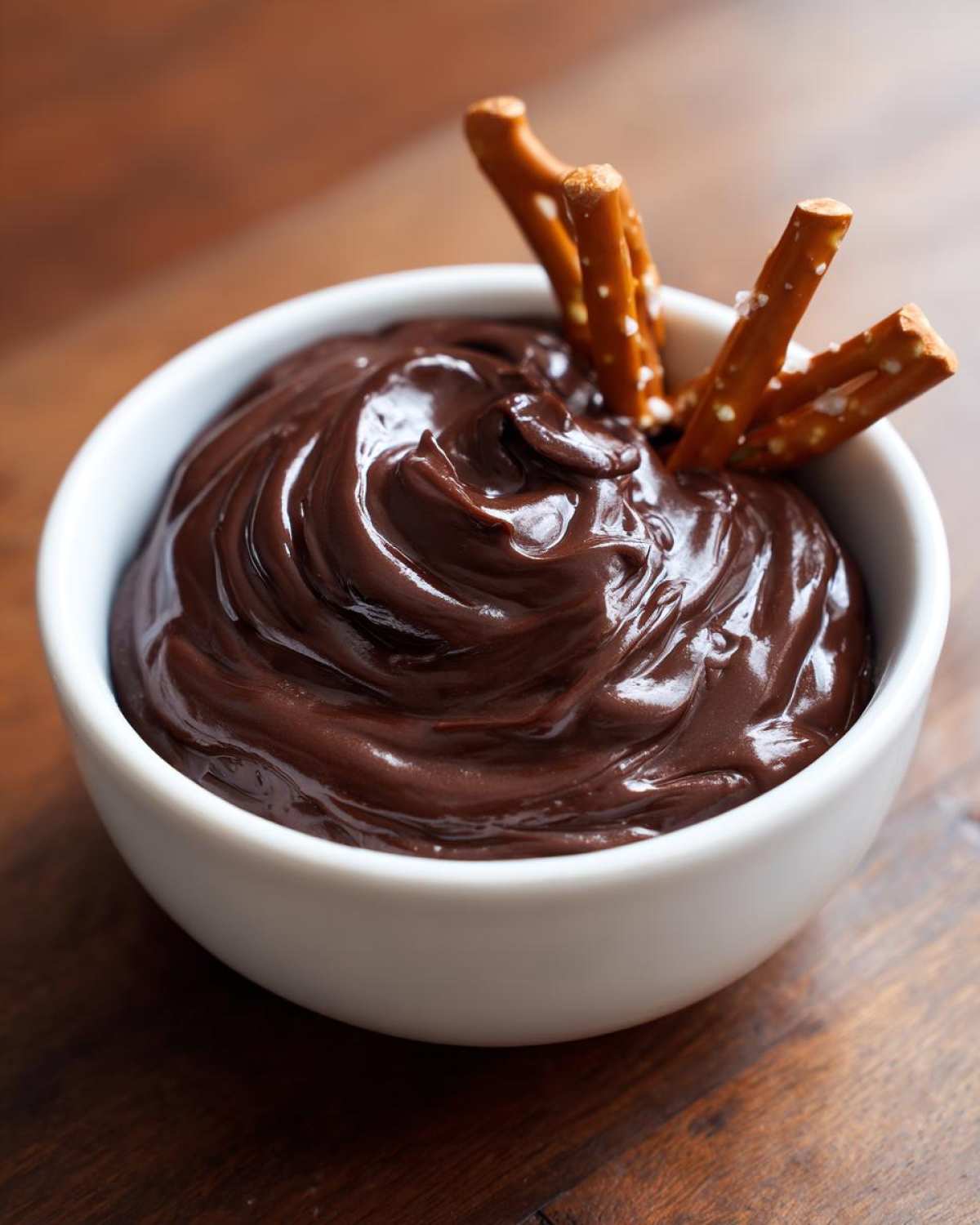 A close-up of a white bowl filled with glossy, thick chocolate dip, garnished with salted pretzel sticks.