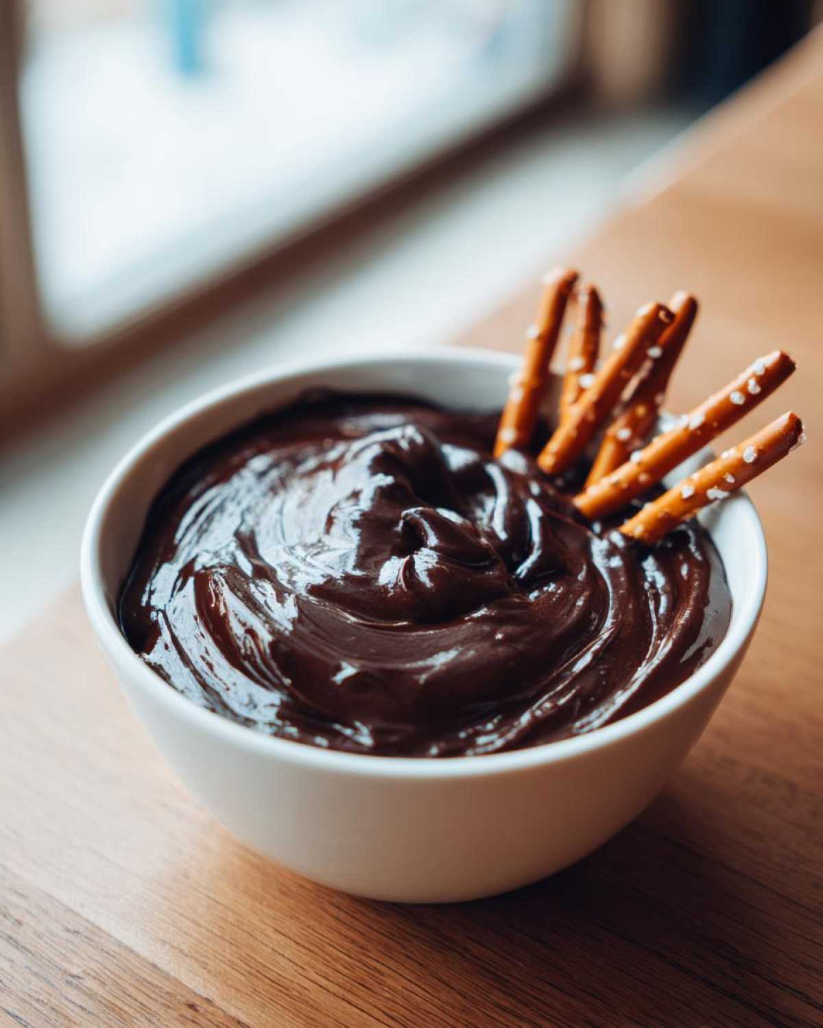 A close-up of thick, glossy chocolate dip in a white bowl, served with salted pretzel sticks for dipping.