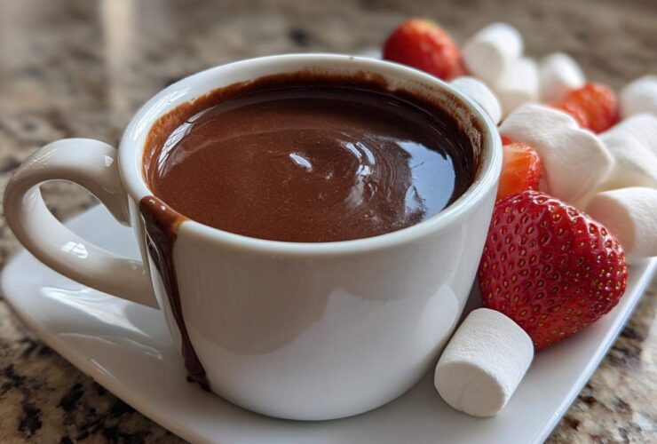 A white cup filled with rich chocolate fondue, served alongside fresh strawberries and marshmallows for dipping.