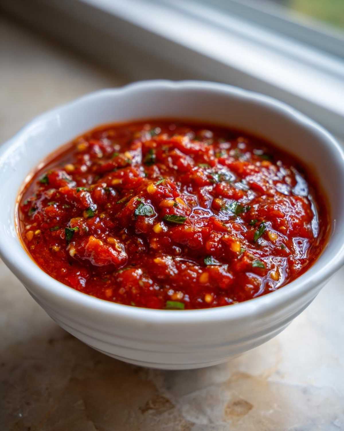 Close-up of rich, chunky homemade pizza sauce garnished with herbs in a white bowl.