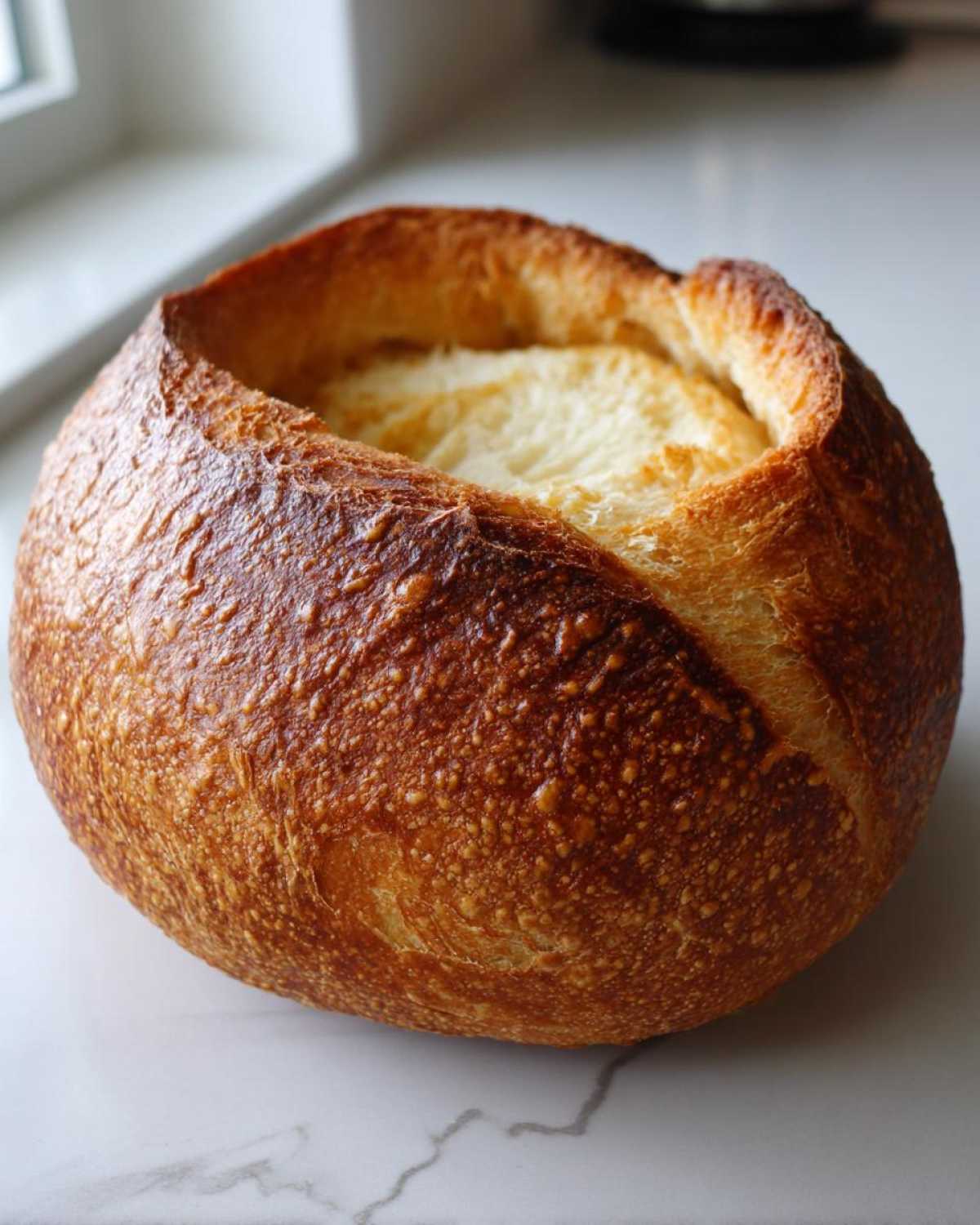 A close-up of a freshly baked, round bread bowl with a deeply browned, blistered crust and the top cut open.