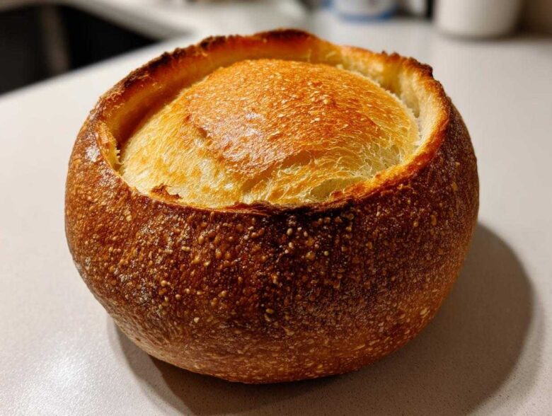 Close-up of a perfectly baked, round bread bowl with a dark, crackled crust and a golden top.