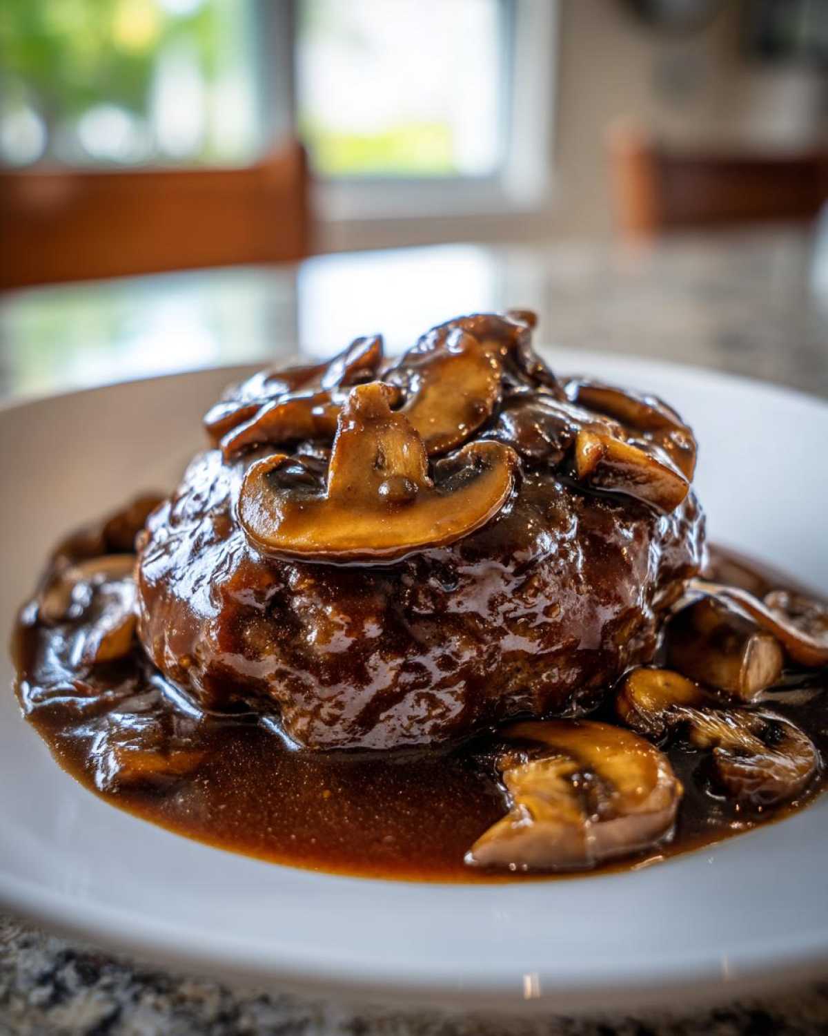 A close-up of a juicy Salisbury steak smothered in rich brown mushroom gravy.