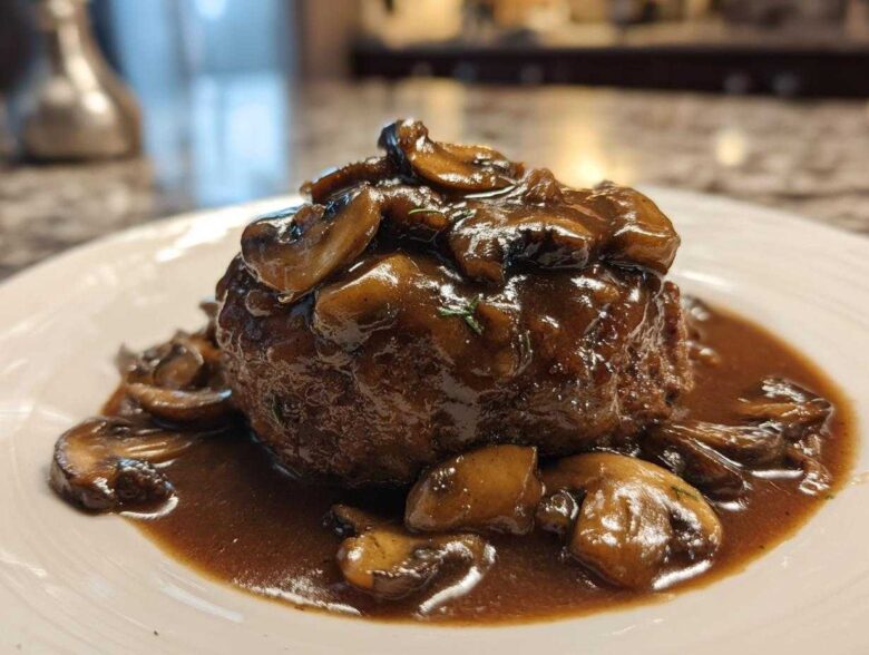 A perfectly cooked Salisbury steak smothered in rich mushroom gravy, served on a white plate.