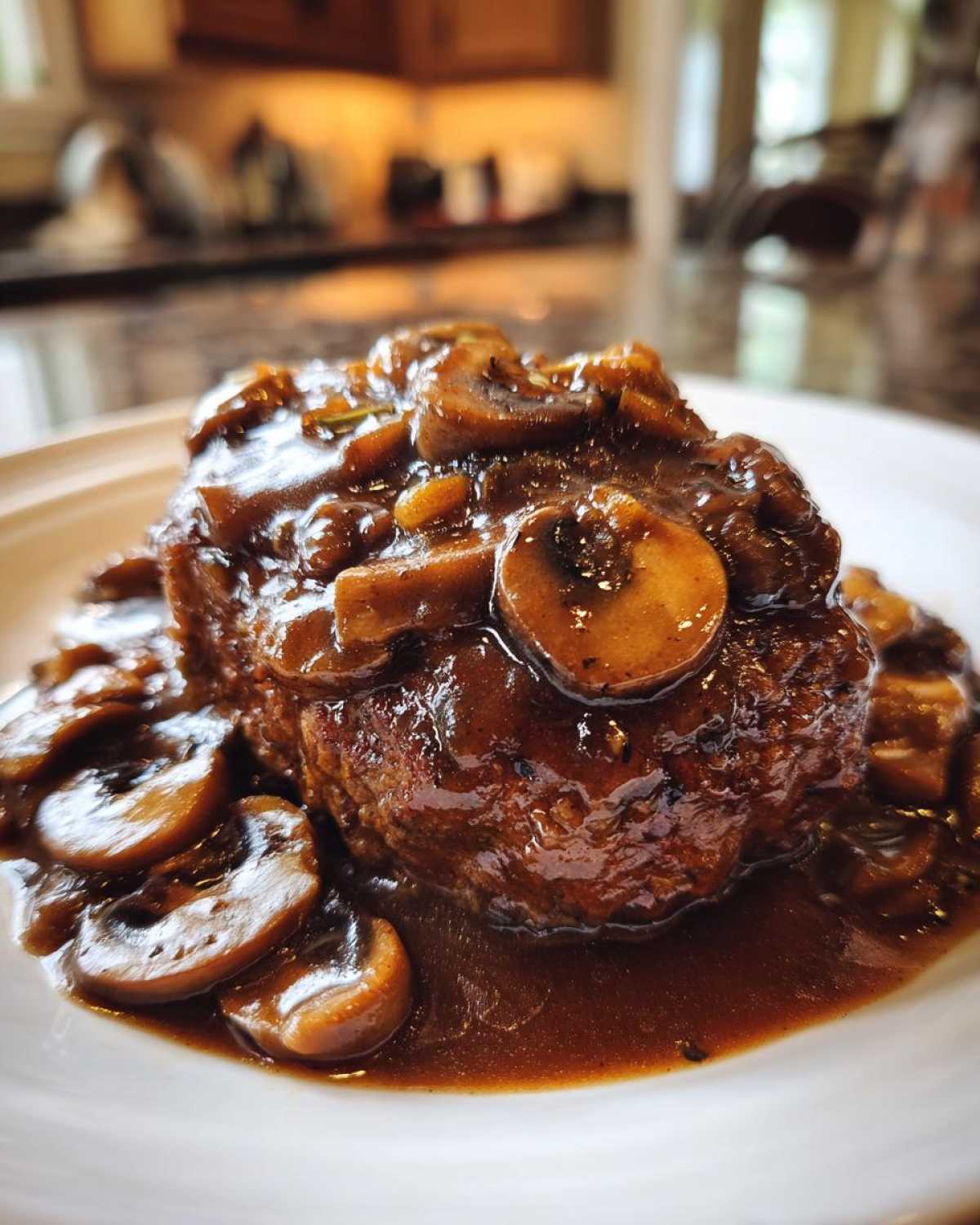 A close-up of a juicy Salisbury steak smothered in rich brown mushroom gravy.