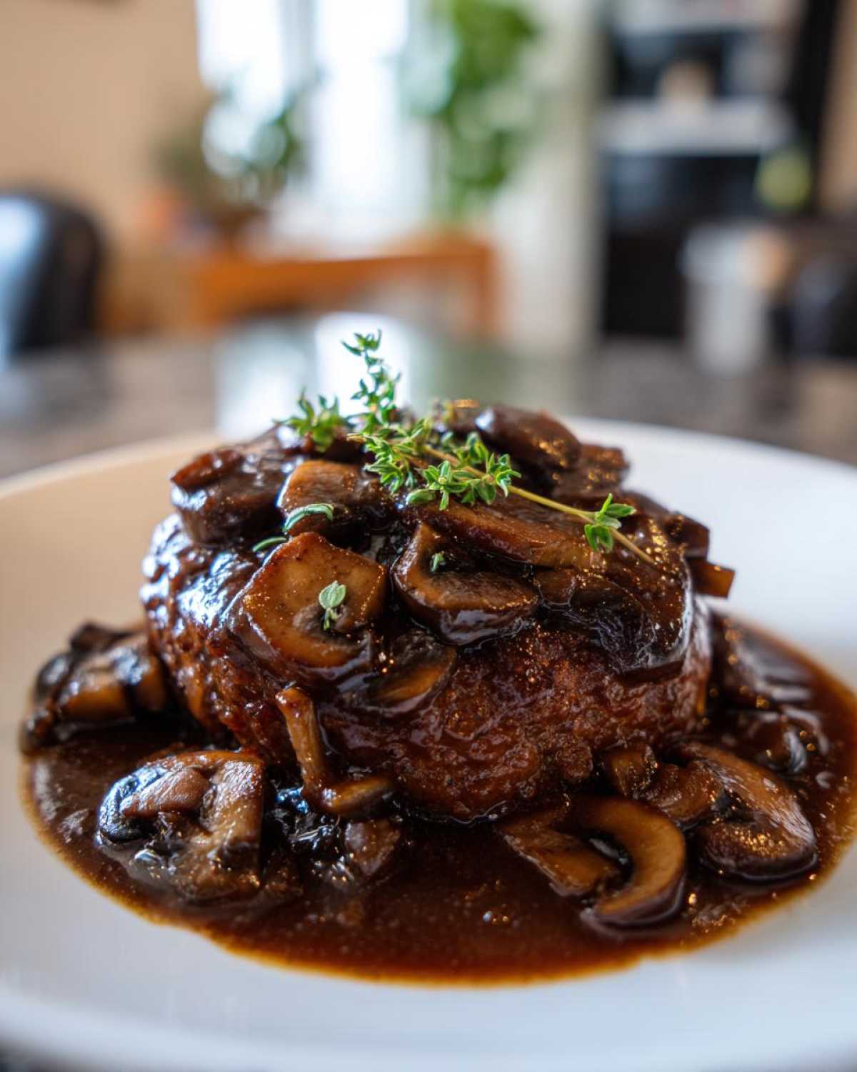 A close-up of perfectly cooked salisbury steak smothered in dark mushroom gravy and topped with fresh thyme.