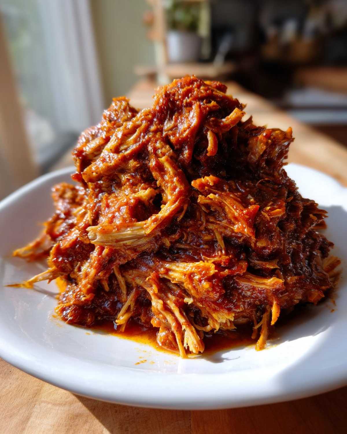 A close-up of a generous mound of saucy, shredded crock pot pulled pork piled high on a white plate.