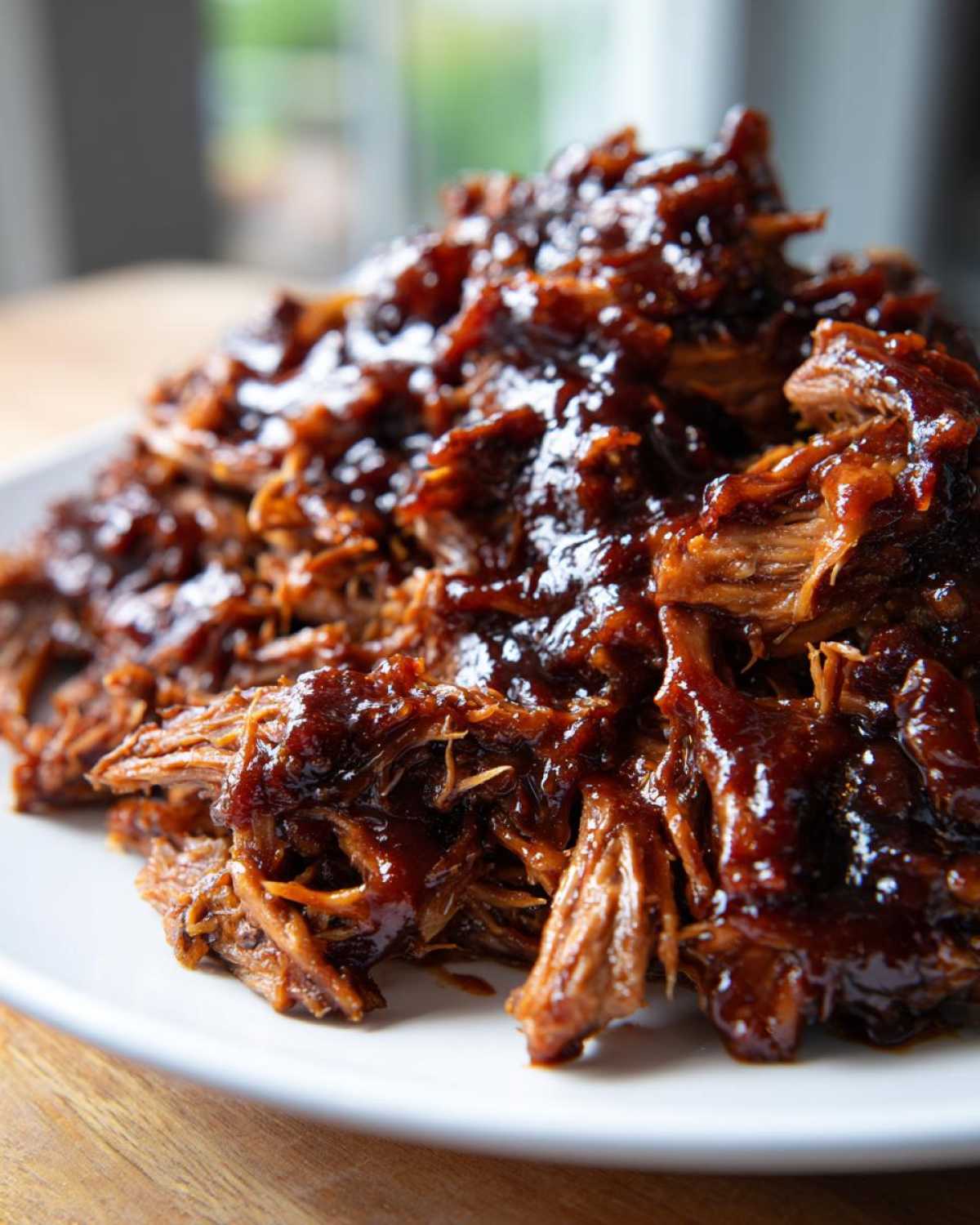 A close-up shot of tender, shredded Slow Cooker Pulled Pork drenched in a thick, glossy barbecue sauce on a white plate.