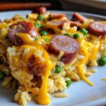 Close-up of cheesy sausage and rice casserole topped with melted cheddar and sliced smoked sausage.