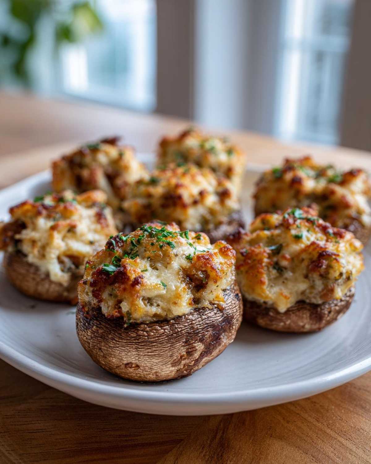 Close-up of baked Sausage stuffed mushrooms with a cheesy, browned topping, garnished with parsley.