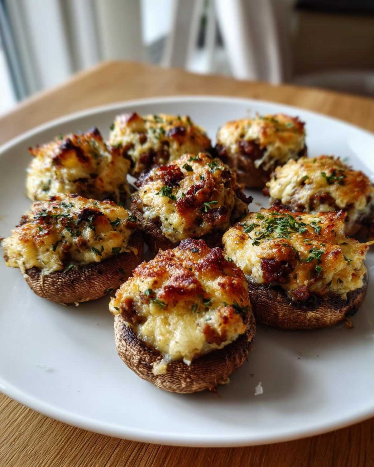 A white plate holds several golden-brown Sausage stuffed mushrooms, topped with melted, browned cheese and fresh parsley.