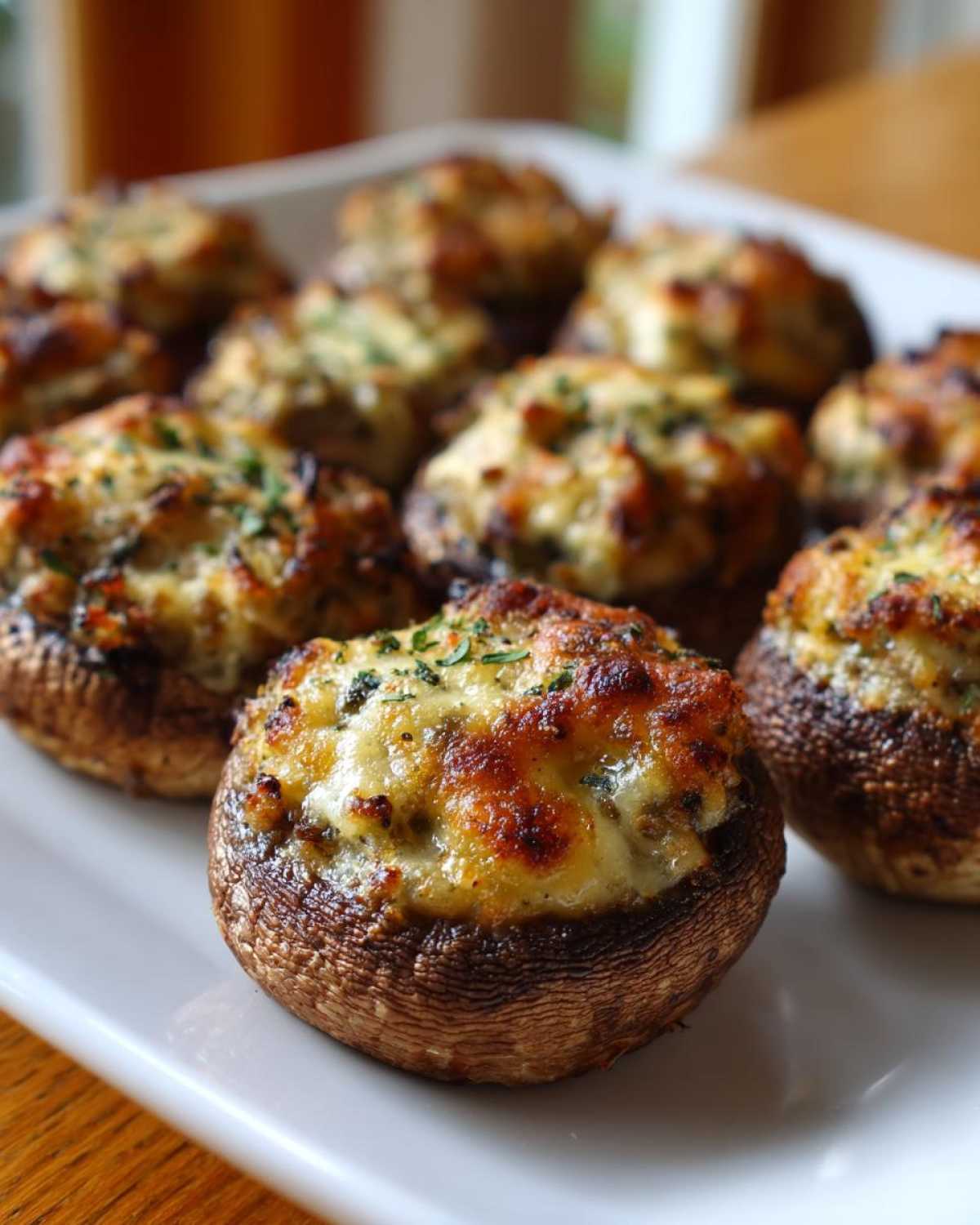 A close-up of baked Sausage stuffed mushrooms with golden, melted cheese topping served on a white platter.