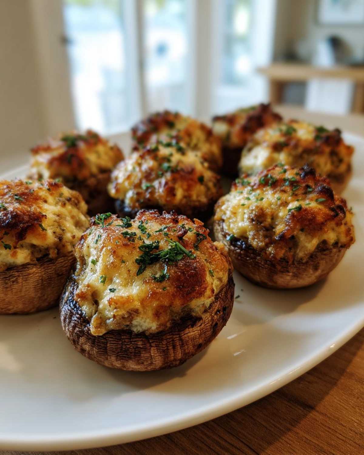 Close-up of several golden-brown Sausage stuffed mushrooms topped with melted cheese and parsley on a white platter.